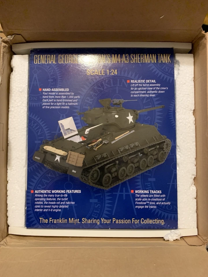 NEW in BOX Franklin Mint General George S. Patton's M4-A3 Sherman Tank 1:24 - Image 2 of 4