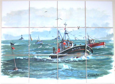Fishing Boat Ceramic Tile Mural Nautical Guilvenic Ocean Boat Scene 17" x 13"