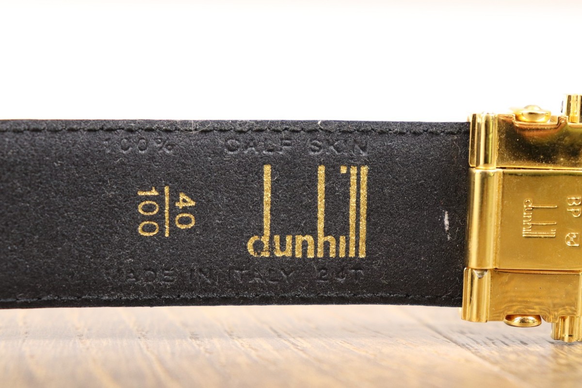 VTG Alfred Dunhill Mens Size 39 Black Leather Belt GOLD PLATED