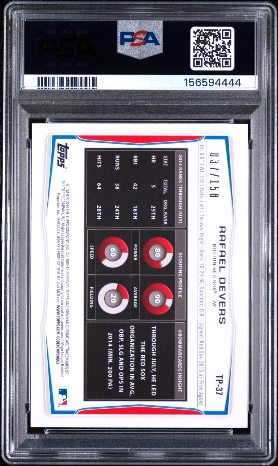 2014 Bowman Rafael Devers First Bowman Rookie Red Ice /150 #TP37 PSA 9 view 2