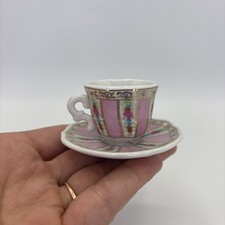 Miniature Teacup Saucer Set Pink Gold Trim Floral Porcelain Display Ornament