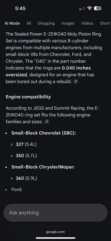 Bloque pequeño sellado Power E251K040 Chevy Ford V8 .040 sobre anillos de pistón 4.040" Foto 2 de 4
