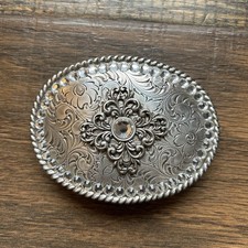 Nocona Western Belt Buckle Silver Toned Floral Scroll Engraved Rope Edge
