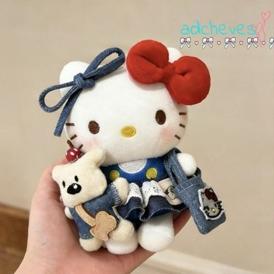 Sanrio Hello Kitty Denim Dress Outfit Red Bow Doll Plush  Keychain Bag Charm