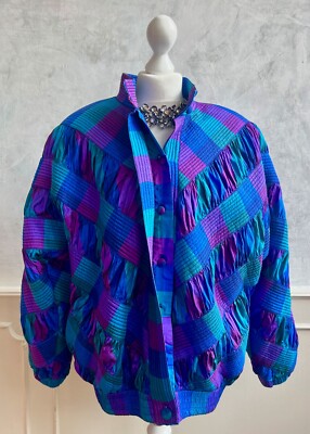 Vintage THAI Pure SILK Blue Hand Work Couture Oriental Puffer Jacket Coat L