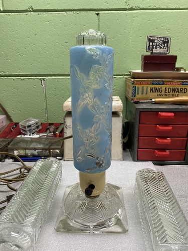 Vintage Boudoir Electric Lamp (2) Clear and (1) Blue Glass Bullet Torpedo Shade