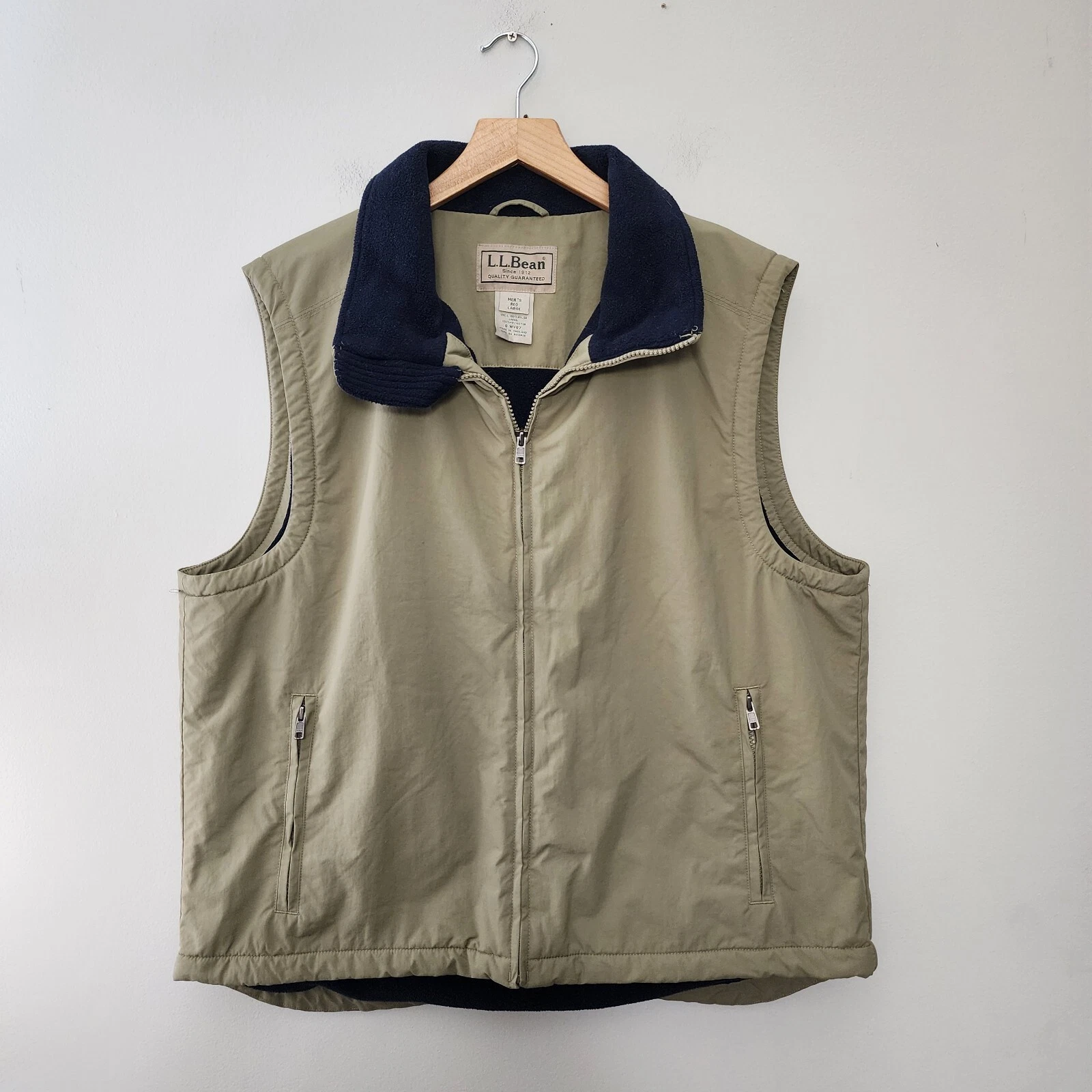 LL Bean Vest Fleece Lined Mens Large Beige Blue Windbreaker Outdoors Nylon