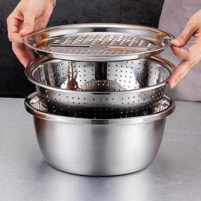 RAYNAG Stainless Steel Drain Basket 3-in-1 Strainer Bowl and Vegetable Slicer//Peeler Bowl and Grater Lid
