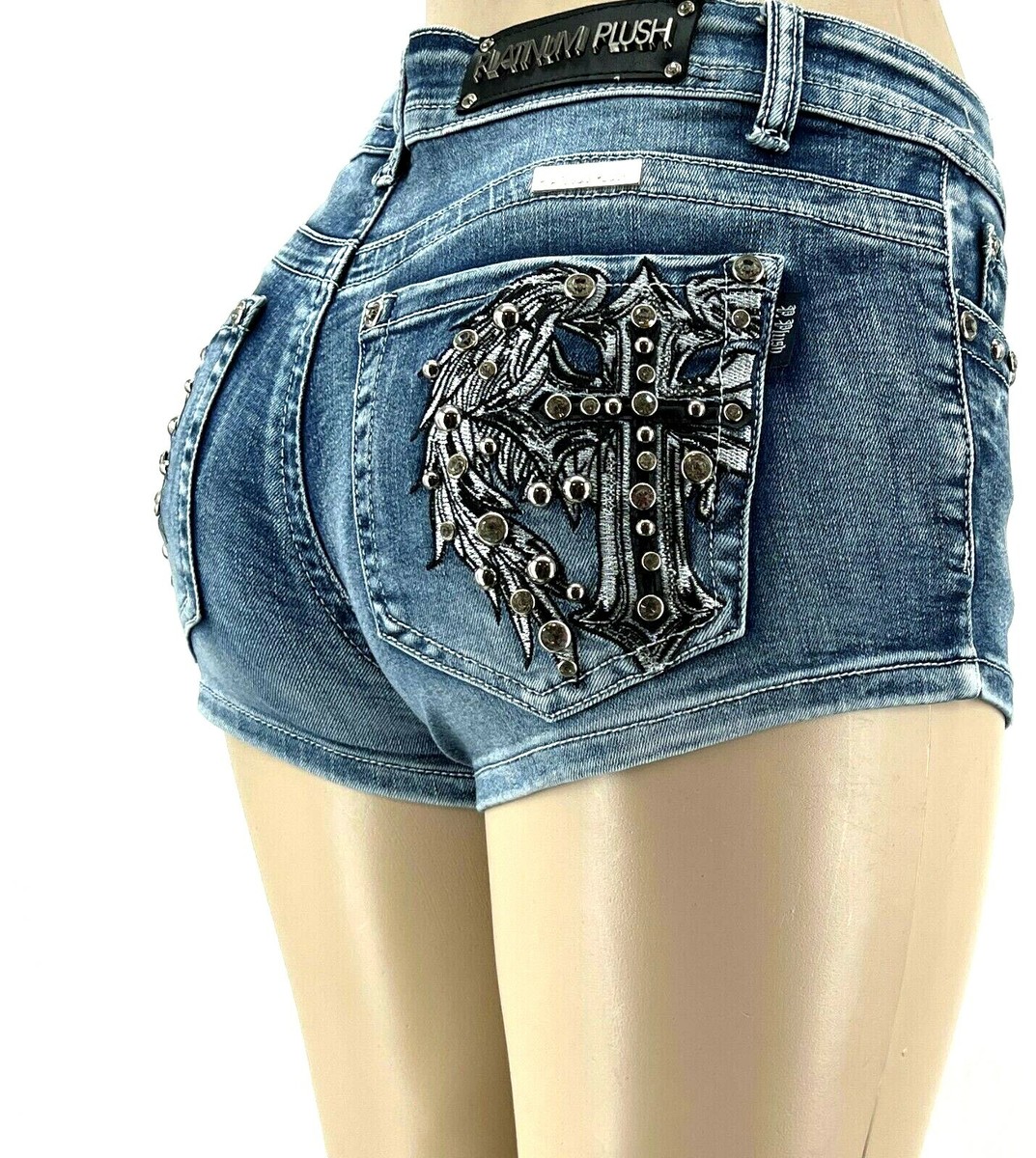 PLATINUM PLUSH LADIES LEATHER CROSS & WING RHINESTONE DENIM