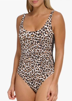 DKNY Leopard Print Ruched One-Piece Swimsuit, Multi, Sz-14