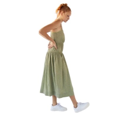 UO Ella Linen Dropped Waist Green Midi Dress Prairie NWOT