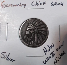HOBO Screaming Chief Skull Headdress Made From A REAL WWII Silver Nickel SIGNED
