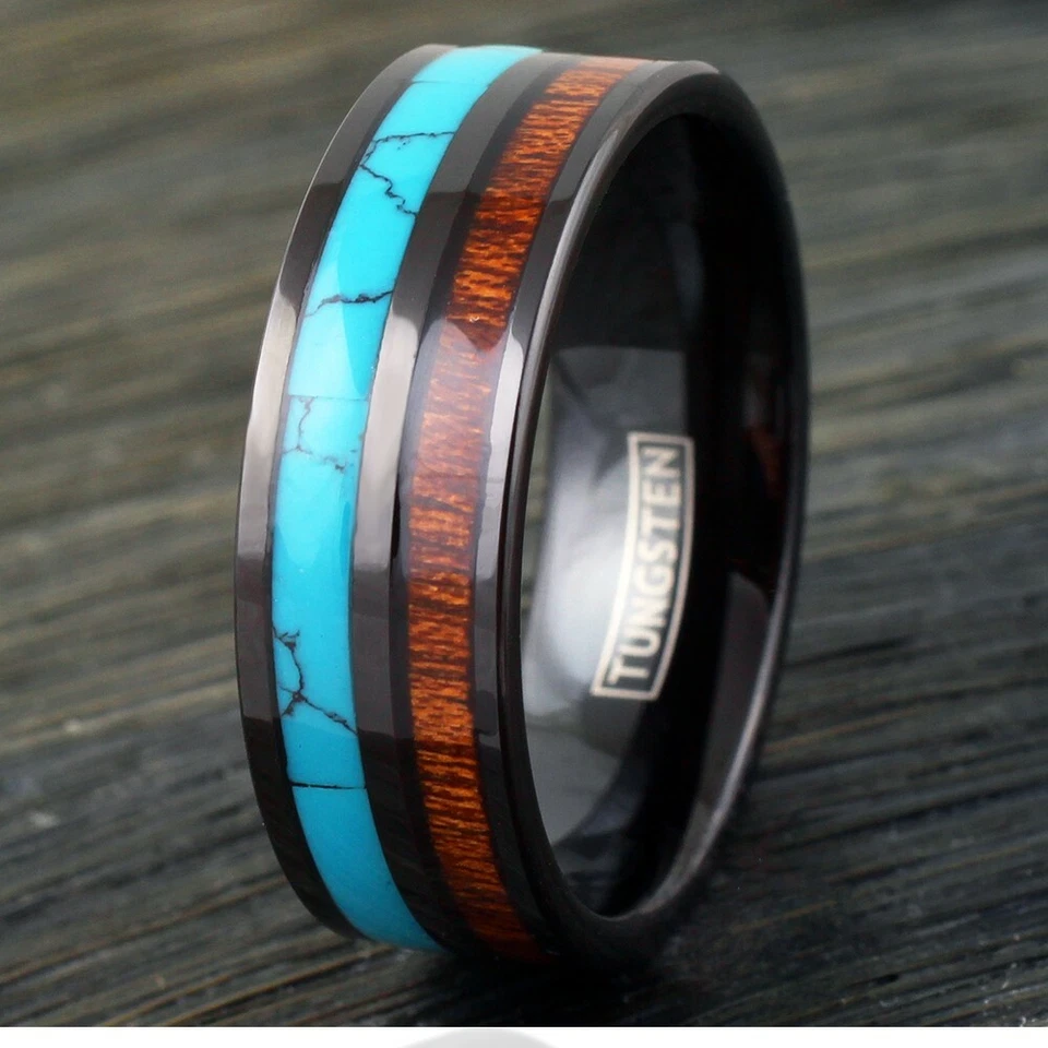Anillo de boda de madera de tungsteno negro de 8 mm para hombre turquesa y koa - grabado disponible. Foto 3 de 4