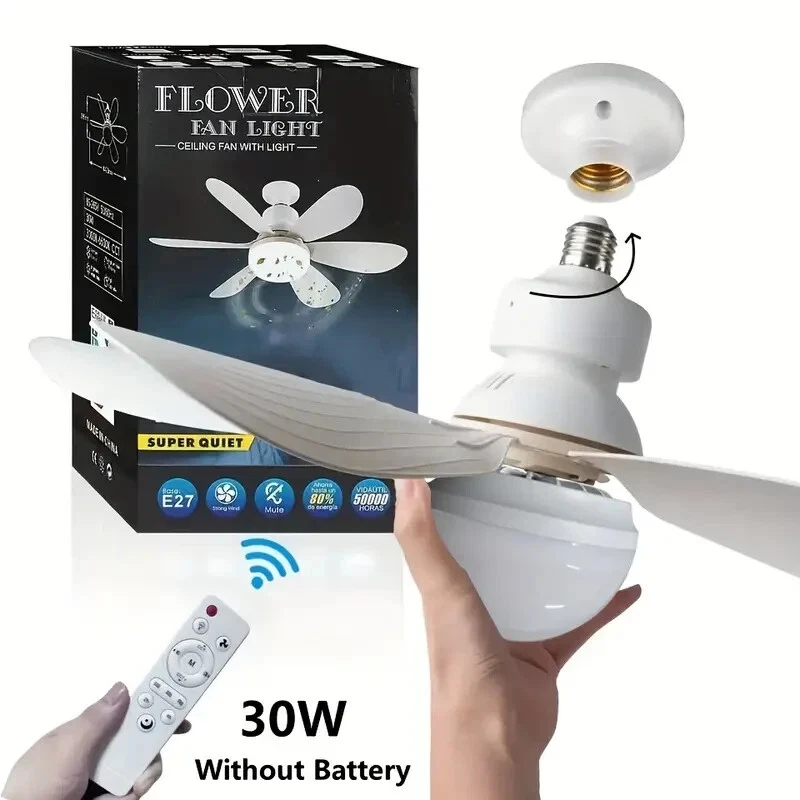 Mini Ventilatore A Soffitto Con Luce Incorporata, 30W, 3 Velocità E Dimmer, Motore In Rame, Bianco, Adatto A Bagno E Balcone
