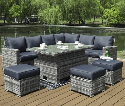 GOODS EMPORIUM Rattan Corner Garden Furniture Set with Rising Table Outdoor Patio Dining Sofa