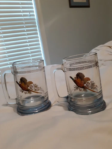 Princess House 2 Glass Colonial Beer MUGS Beer Stein Pheasants 5.25" H - 3" D 