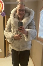 Women’s Lined Hooded Jacket Real Blue Fox Fur Coat Size Xl Men’s Medium/large