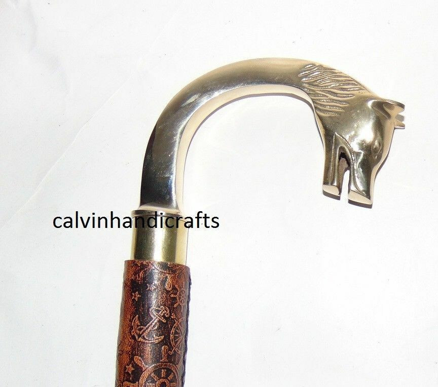 Solid Brass Wolf Head Handle Leather Walking Stic… - image 5