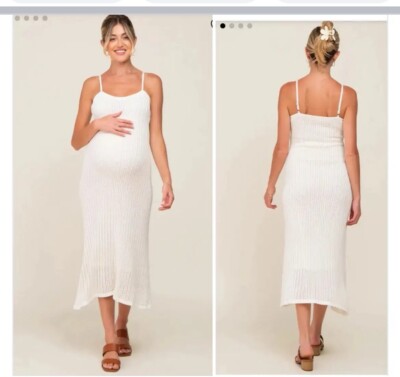 Pink Blush Maternity Dress White Open Knit Crochet Midi Adjustable