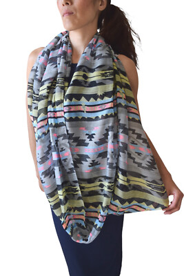 Women's Aztec Print Gray Soft Fashion Infinity Scarf, Aztec Ethnic Print Scarf