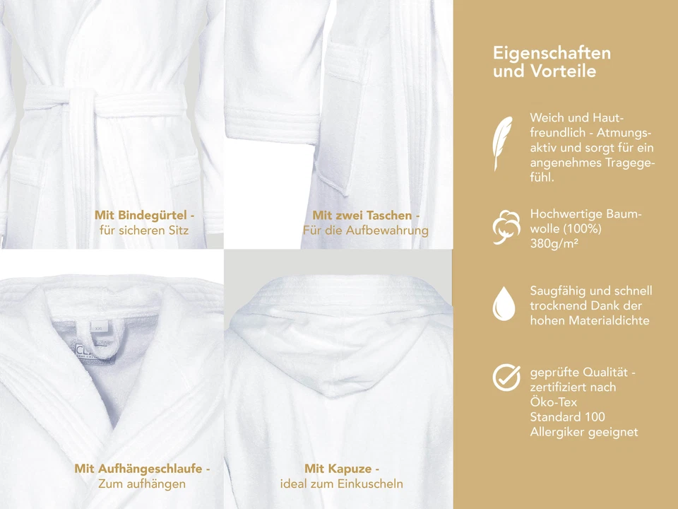 Bademantel Damen Herren Saunamantel Morgenmantel Kapuze Frottee Baumwolle Unisex - Bild 4 von 4
