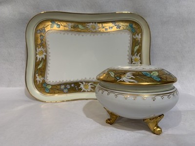 Stouffer LIMOGE FRANCE Dresser Tray & Jar  Vanity Set Gilded Handpainted Bardos