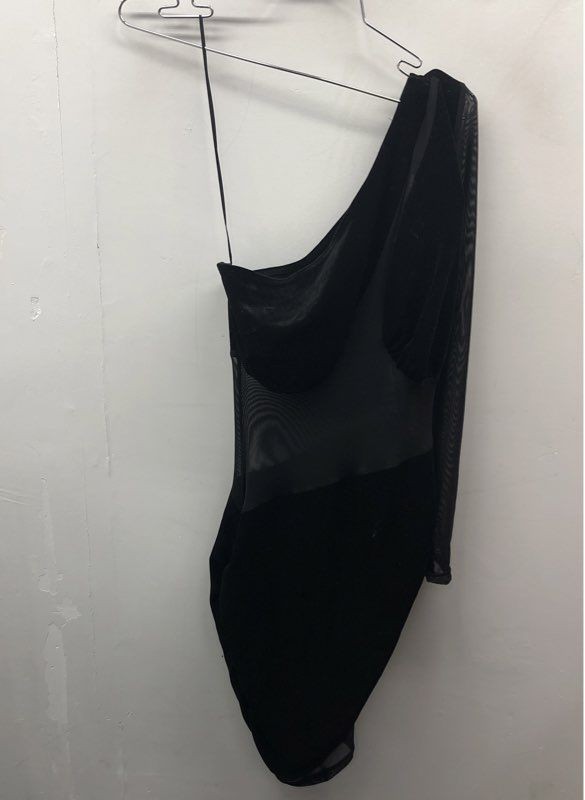 Naked Wardrobe Women's Black One Shoulder Mesh Velvet Bodysuit NWT Sz M