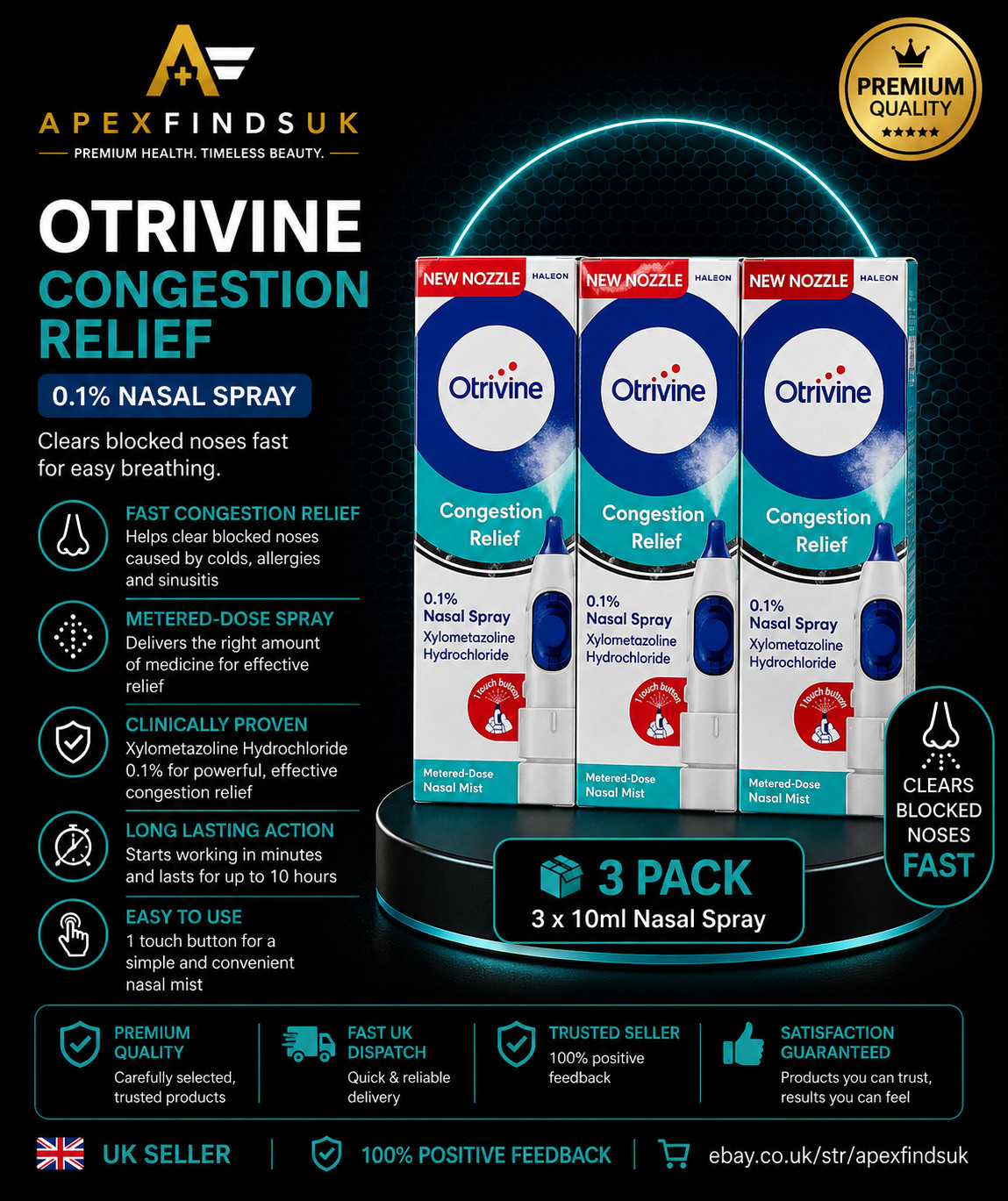 3x Otrivine Congestion Relief 0.1% Nasal Spray Blocked Nose Relief 10ml