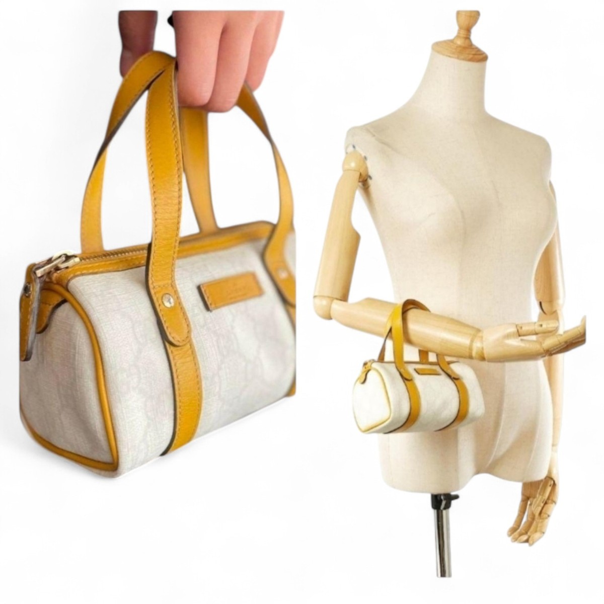 GUCCI Supreme 190400 Mini Boston Bag Pouch Yellow Leather USED