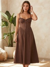 Boohoo Brown Solid Sweetheart Lace Trim Button Front Midi Sundress Sz 10