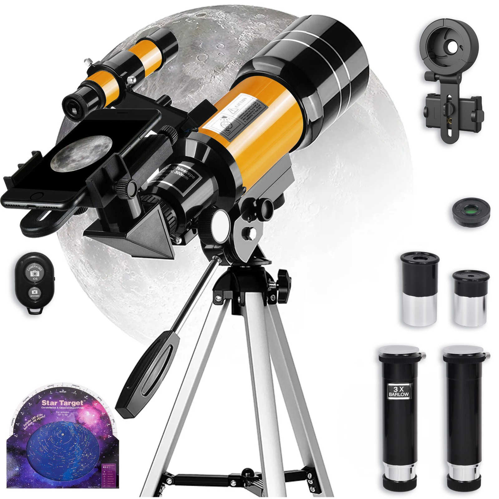 300mm Astronomical Telescope 150X with Phone Adapter Barlow 
