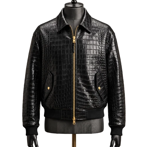Men's Crocodile Embossed Leather Jacket Black Luxury Bomber Gold Zipper Jacket - product listing photo