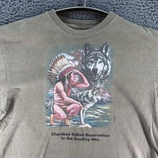Vtg Dr. Luckys Native Shirt XL Moss Green Indian Chief Wolf Smokey Mts USA Made