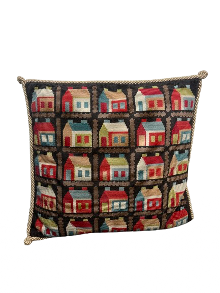 Completed MARY NORDEN Home Sweet Home WOOL TAPESTRY Needlepoint CUSHION Houses