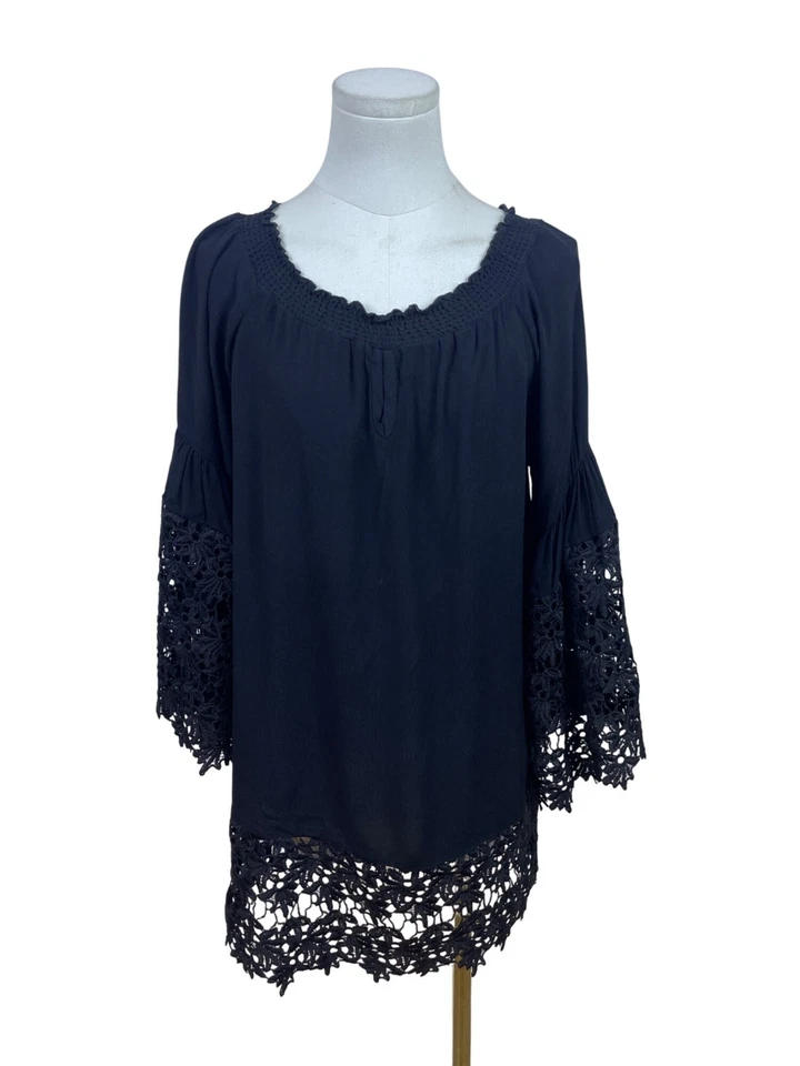 Blusa Colleen Lopez Negra Mujeres Hombro Descubierto Encaje Borde Mangas Campana Fluidas Talla M Foto 2 de 4