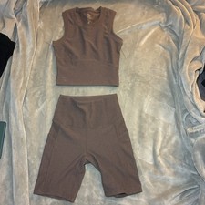 Move Theology Mujer Ropa Activa Conjunto de 2 Piezas Tejido Sin Mangas Top Pantalones Cortos XS Marrón