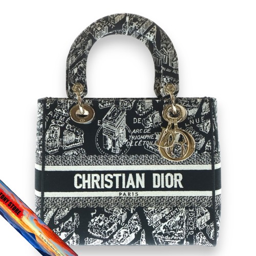 Christian Dior Lady Light Plan de Paris Medium Bag Black White Canvas Gold N313