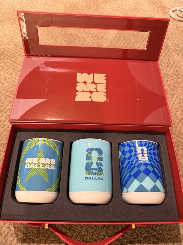 Official FIFA hospitality gift from Dallas Stadium. Exclusive themed mugs