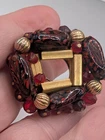 Vintage Costume Jewelry Red Czech Glass Beaded Circle Wreath Brooch Pin