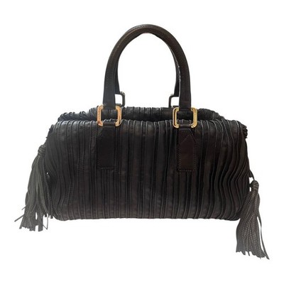 A.Testoni Leather Pleated Boston Bag Large Capacity Used Authentic