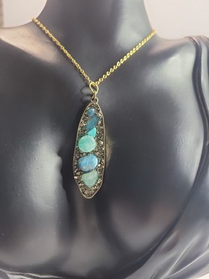 Blue Green Stone Chip Inlay Pendant Necklace Gold Tone Amazonite Blue