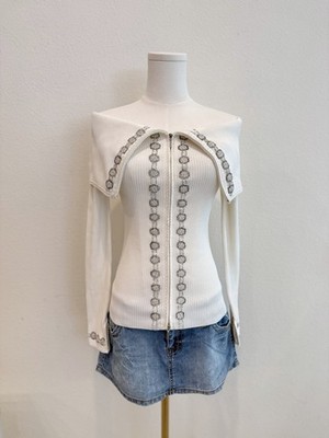 Vintage Y2K 90s White Gabrielle Solis Cache Off Shoulder Beaded Zip Up Sweater