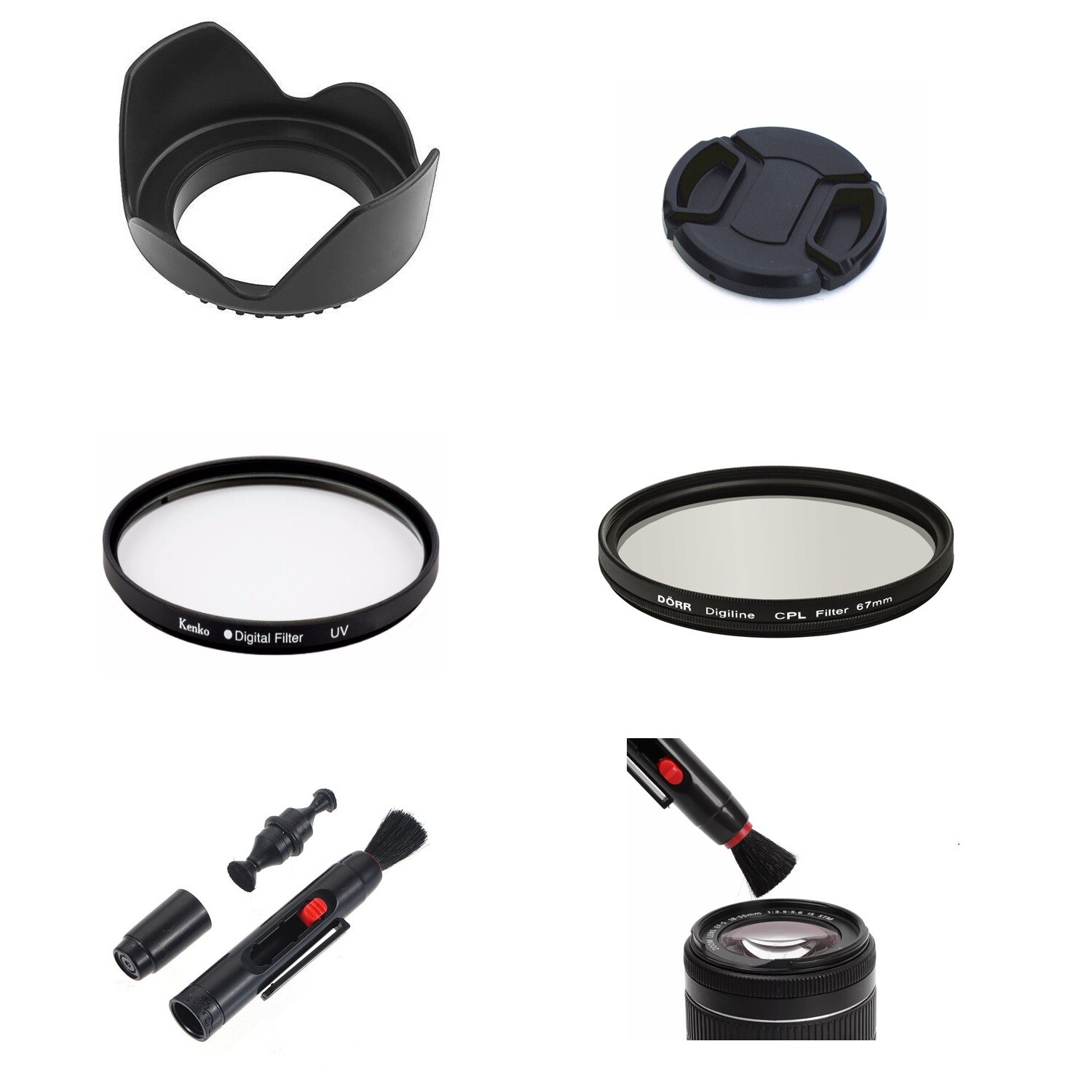 SK9 62mm Camera Bundle Lens Hood Cap UV CPL Filter Brush Pen Kit For