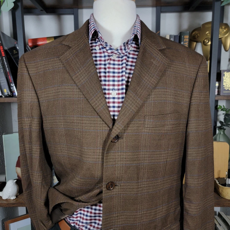 Abrigo Blazer Deportivo Andrew Fezza Para Hombre Tres Botones Marrón A Cuadros Lana Peinada 42S Foto 2 de 4