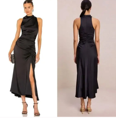 A.L.C. Inez Asymmetric Ruched Satin Midi Dress BlackSide Slit  12 NWT $495