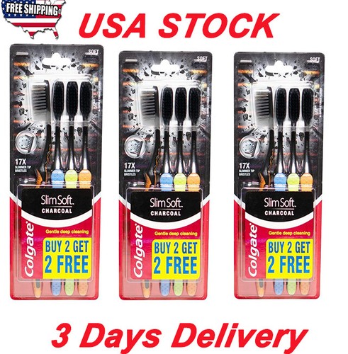 12 Brush Colgate Toothbrush SOFT SlimSoft Charcoal USA STOCK