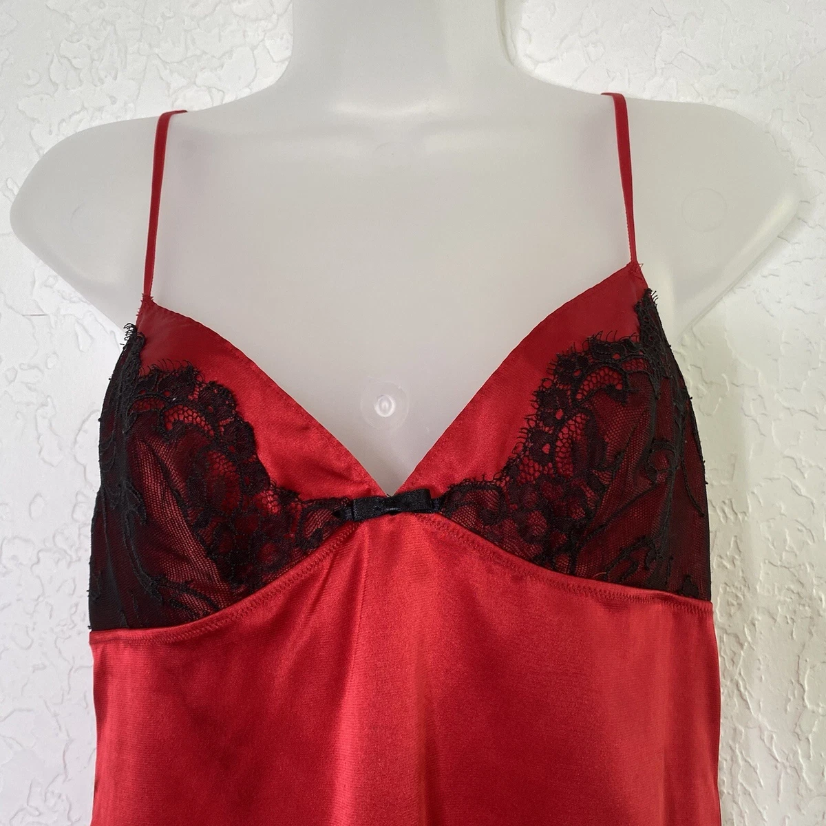 Victoria Secret Lingerie Chemise Slip Dress Red Satin Black Lace Size M  Babydoll