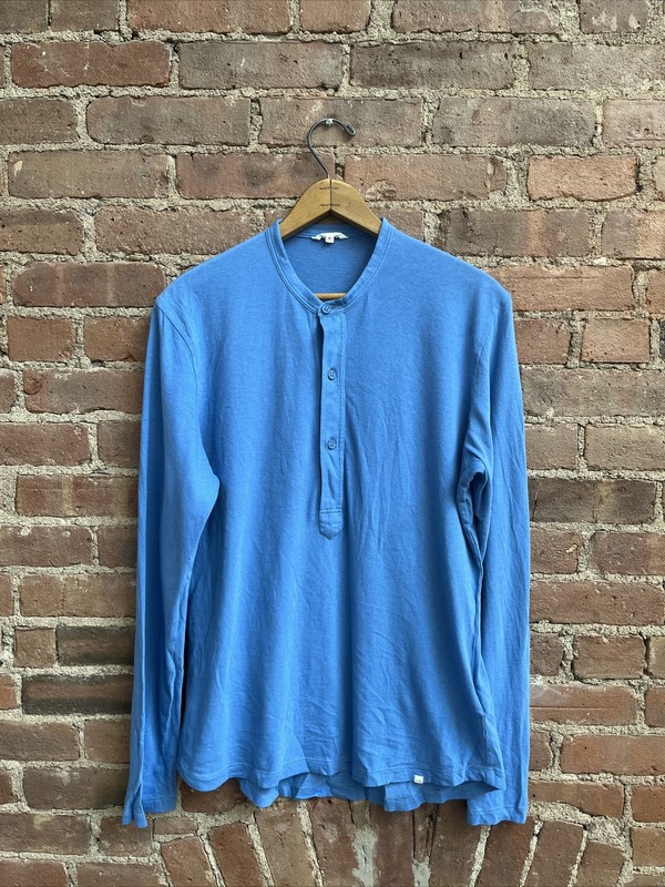 Orlebar Brown Men's Henley, Blue Cotton/Linen, Size Nedium Portugal