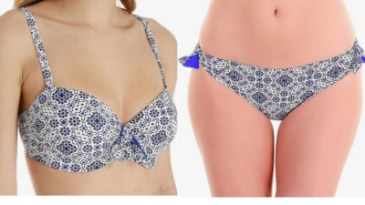 Chantelle Mosaik Blau Weiß Bikini 34D 16 Bügel Gepolsterte Cups Oberteil Slip Set