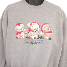 Vintage Christmas Teddy Bear Sweatshirt Mens Size Large Gray 90s Tis The Season